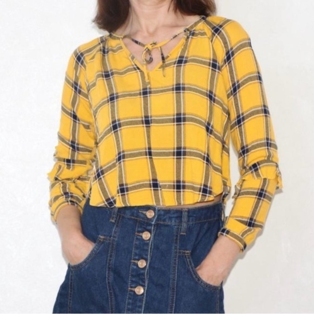 Polly & Esther Yellow Blue Cuffed Sleeve Blouse Size L